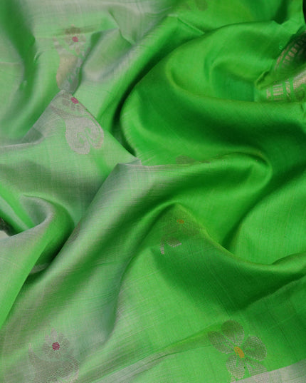 Pure uppada silk saree green shade and parrot green with thread & silver zari woven buttas and long silver zari woven butta border