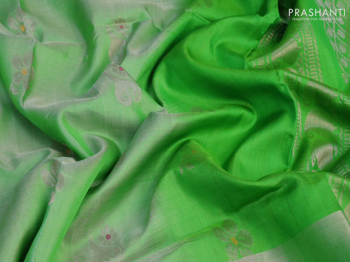 Pure uppada silk saree green shade and parrot green with thread & silver zari woven buttas and long silver zari woven butta border
