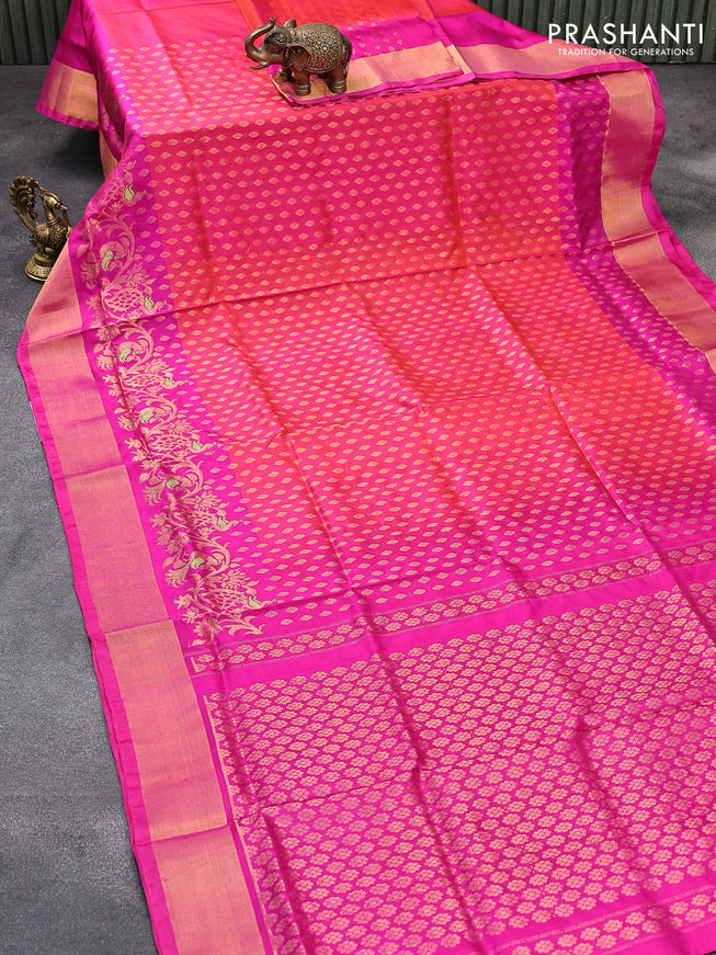 Pure uppada silk saree dual shade of pinkish orange and pink with allover zari woven buttas and long peacock design zari woven border