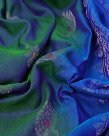 Pure uppada silk saree dual shade of bluish green and blue with thread & silver zari woven buttas and long silver zari woven paisley butta border