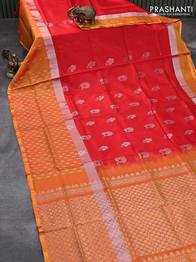 Pure uppada silk saree red and dual shade of mustard yellow with thread & silver zari woven buttas and long silver zari woven paisley butta border