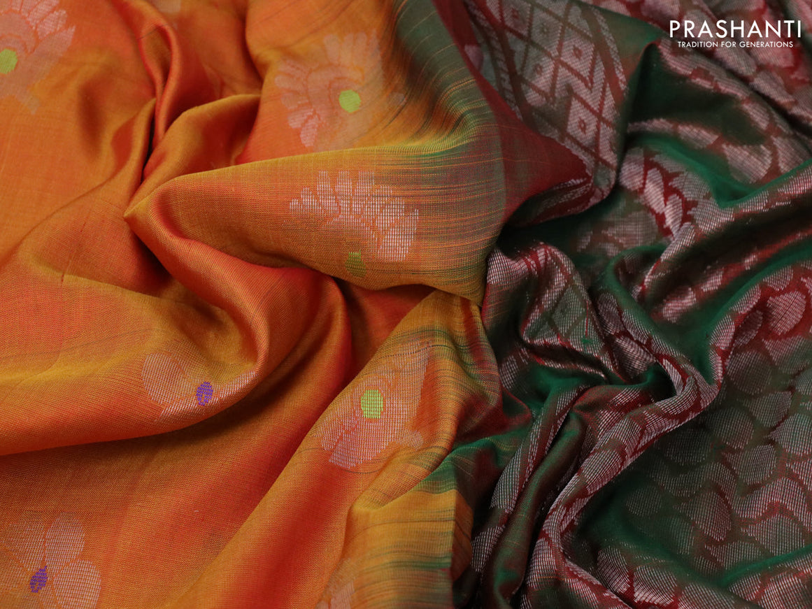 Pure uppada silk saree dual shade of sunset orange and dual shade of greenish red with thread & silver zari woven buttas and long silver zari woven paisley butta border