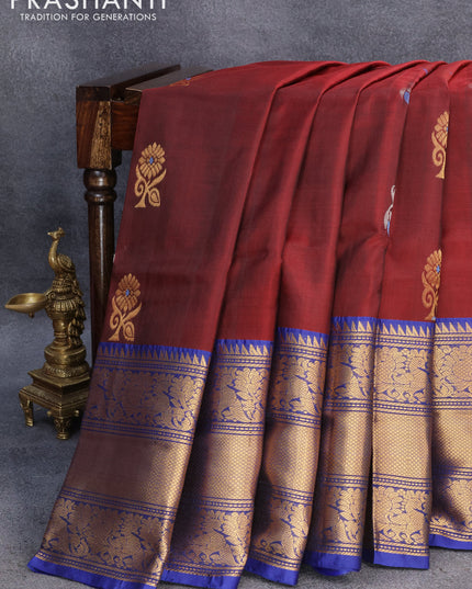 Pure uppada silk saree maroon and blue with thread & silver zari woven buttas and long annam zari woven butta border