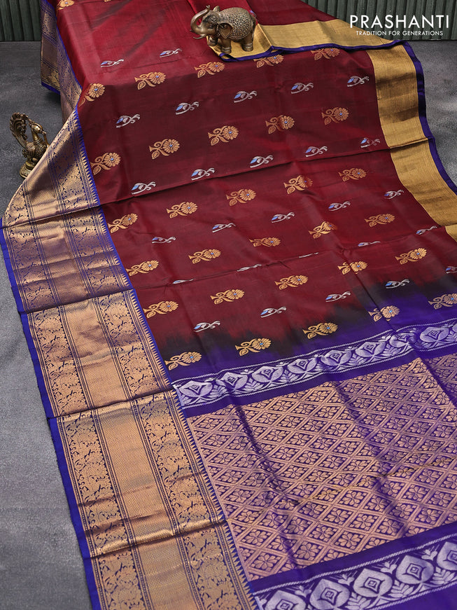Pure uppada silk saree maroon and blue with thread & silver zari woven buttas and long annam zari woven butta border