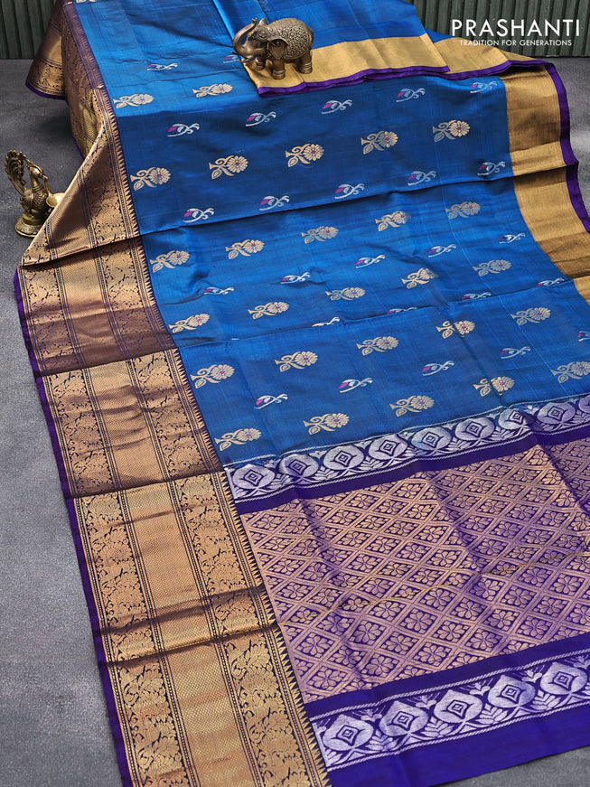 Pure uppada silk saree peacock blue and blue with thread & zari woven buttas and long annam zari woven butta border