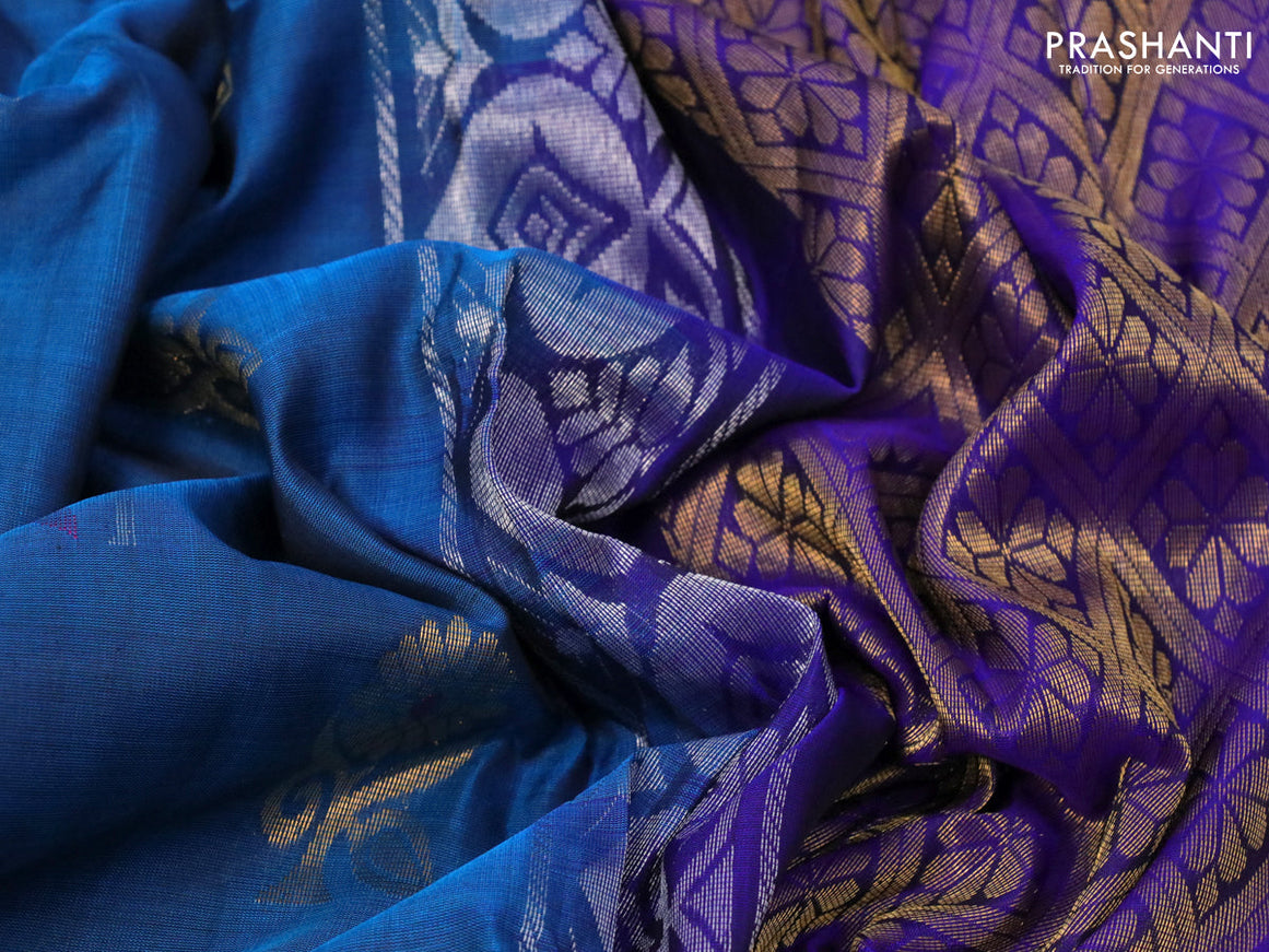 Pure uppada silk saree peacock blue and blue with thread & zari woven buttas and long annam zari woven butta border