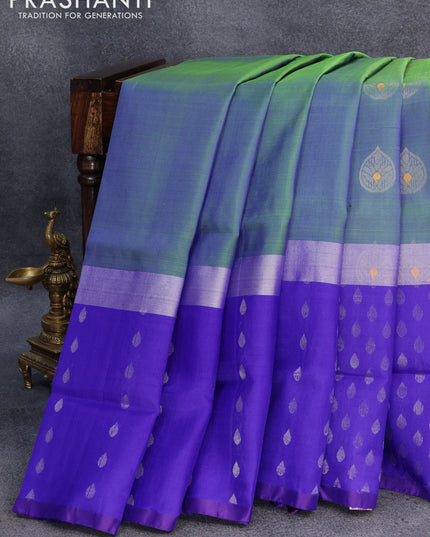 Pure uppada silk saree dual shade of bluish green and blue with thread & silver zari woven buttas and long silver zari woven butta border