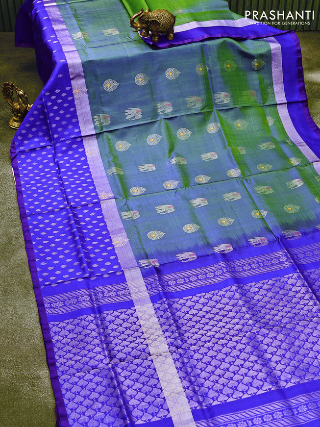 Pure uppada silk saree dual shade of bluish green and blue with thread & silver zari woven buttas and long silver zari woven butta border