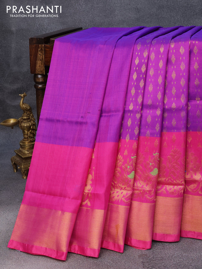 Pure uppada silk saree purple and pink with allover zari woven butta weaves and long peacock design zari woven border