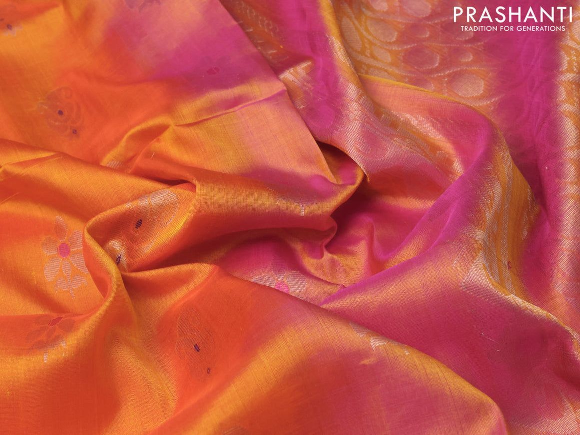 Pure uppada silk saree dual shade of orange and dual shade of pink with thread & silver zari woven buttas and long silver zari woven butta border