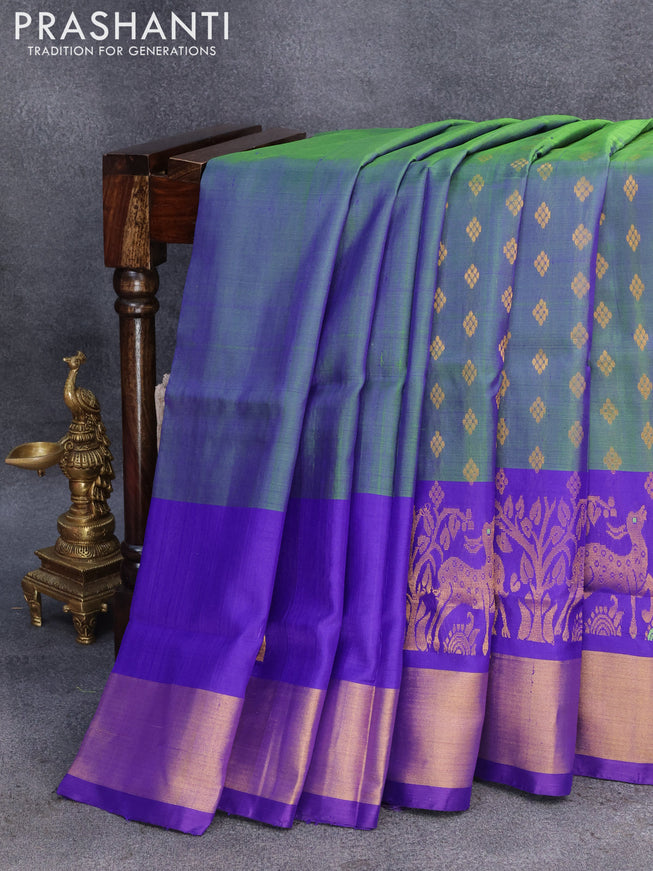 Pure uppada silk saree dual shade of bluish green and blue with allover zari woven buttas and long rich zari woven border