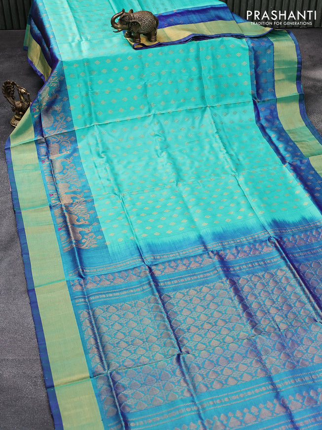Pure uppada silk saree teal blue shade and dual shade of blue with allover zari woven buttas and long rich zari woven border