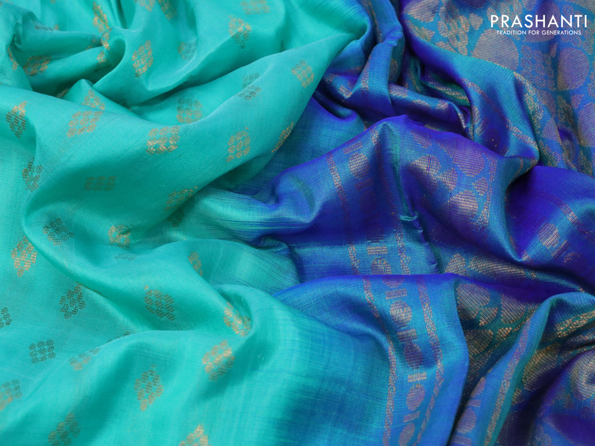 Pure uppada silk saree teal blue shade and dual shade of blue with allover zari woven buttas and long rich zari woven border