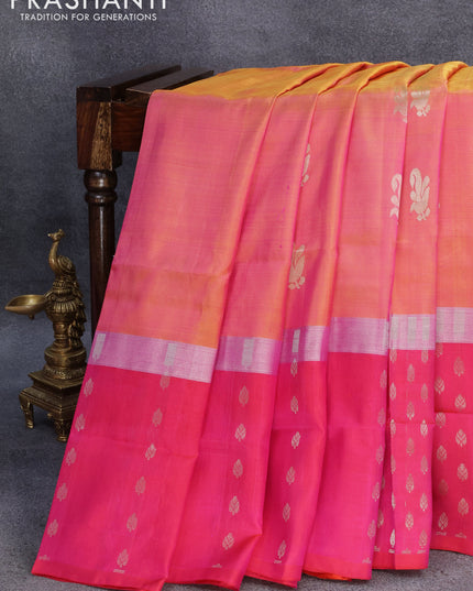 Pure uppada silk saree dual shade of yellowish pink and pink with silver zari woven buttas and silver zari woven butta border