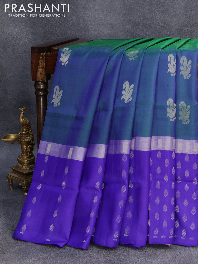 Pure uppada silk saree dual shade of bluish green and blue with silver zari woven buttas and silver zari woven butta border