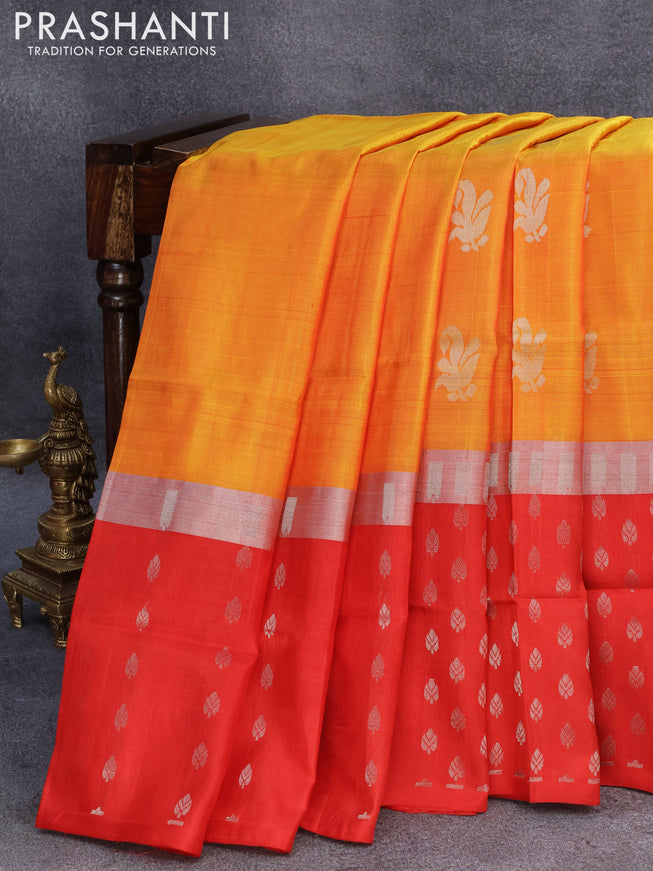 Pure uppada silk saree dual shade of mustard yellow and red with silver zari woven buttas and silver zari woven butta border