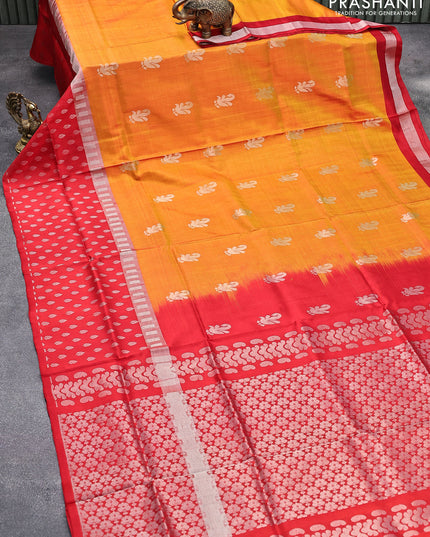 Pure uppada silk saree dual shade of mustard yellow and red with silver zari woven buttas and silver zari woven butta border