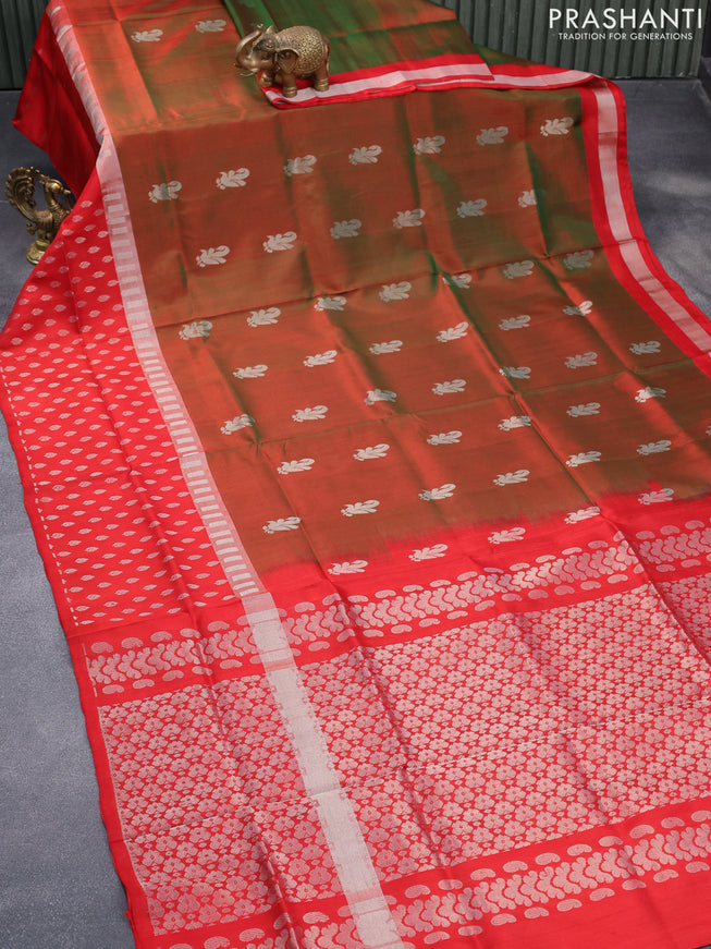 Pure uppada silk saree dual shade of greenish maroon and red with silver zari woven buttas and silver zari woven butta border
