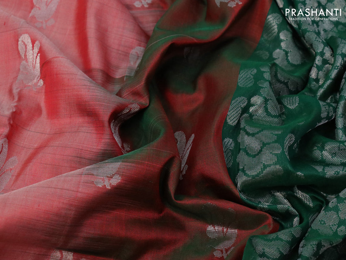 Pure uppada silk saree red shade and dual shade of greenish maroon with silver zari woven buttas and silver zari woven butta border