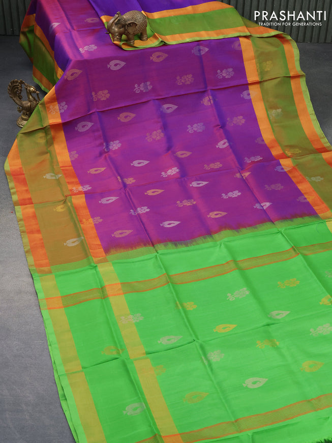 Pure uppada silk saree purple and parrot green with silver & gold zari woven buttas and long rich zari woven butta border