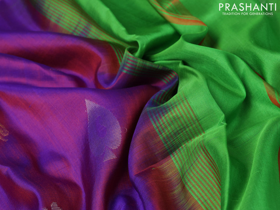 Pure uppada silk saree purple and parrot green with silver & gold zari woven buttas and long rich zari woven butta border