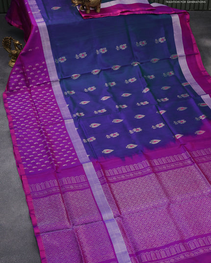 Pure uppada silk saree dual shade of bluish green and purple with thread & silver zari woven buttas and long silver zari woven paisley butta border