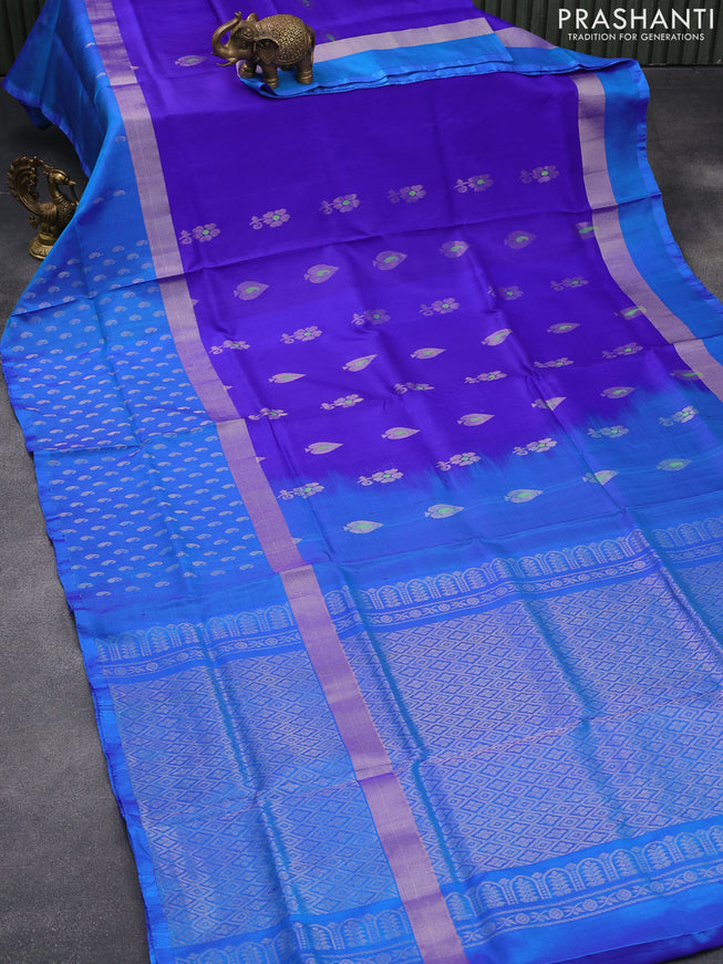 Pure uppada silk saree blue and dual shade of blue with thread & silver zari woven buttas and long silver zari woven paisley butta border