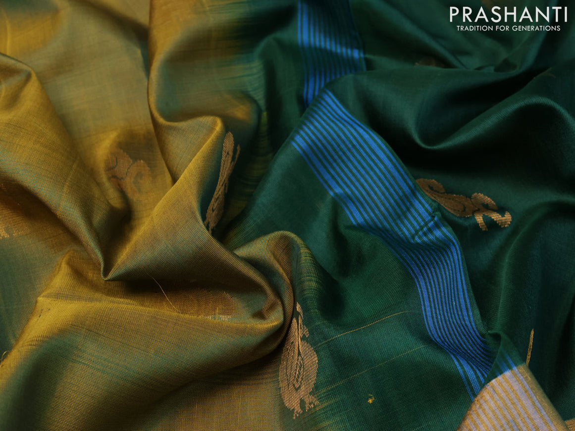 Pure uppada silk saree mehendi green and green with annam & paisley zari woven buttas and long rettapet zari woven annam butta border