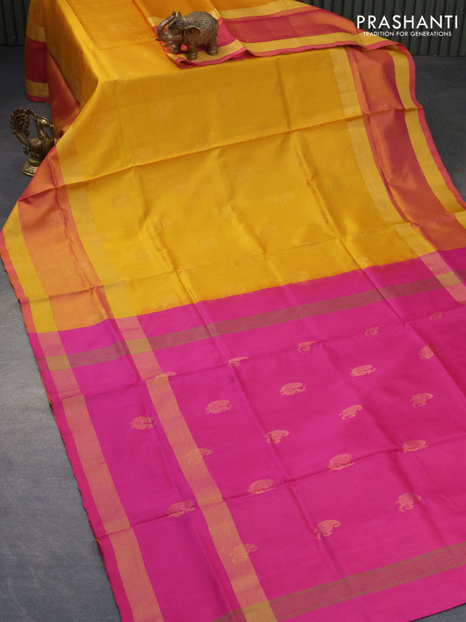 Pure uppada silk saree mango yellow and pink with annam & paisley zari woven buttas and long rettapet zari woven annam butta border