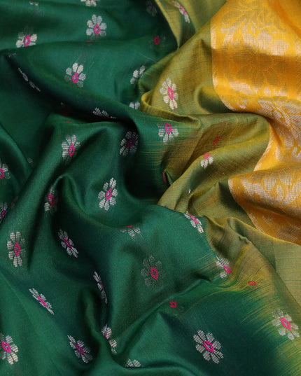 Pure uppada silk saree green and mustard yellow with silver zari woven floral buttas and silver zari woven simple border