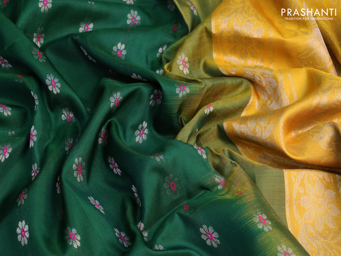 Pure uppada silk saree green and mustard yellow with silver zari woven floral buttas and silver zari woven simple border