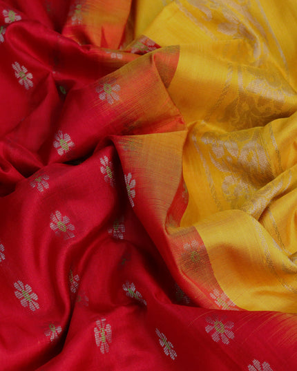 Pure uppada silk saree red and mustard yellow with silver zari woven floral buttas and silver zari woven simple border