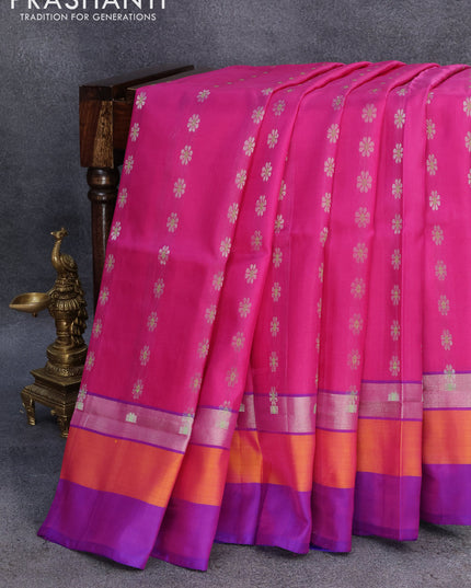 Pure uppada silk saree pink and blue with silver zari woven floral buttas and silver zari woven simple border