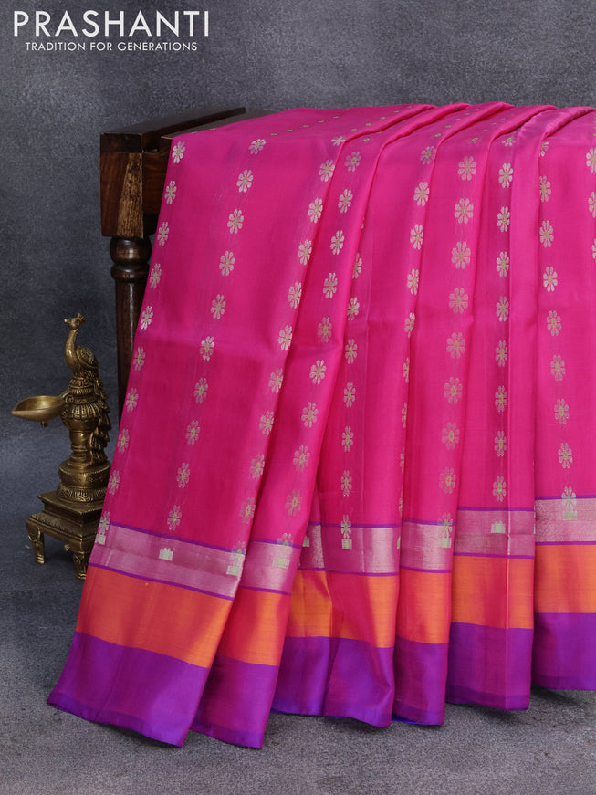 Pure uppada silk saree pink and blue with silver zari woven floral buttas and silver zari woven simple border