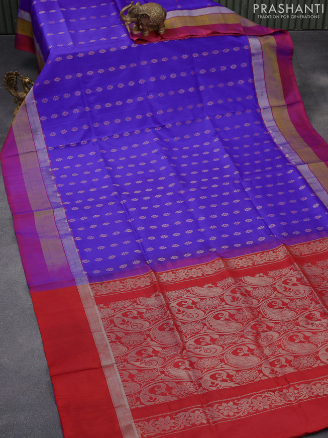 Pure uppada silk saree blue and red with silver zari woven floral buttas and silver zari woven simple border