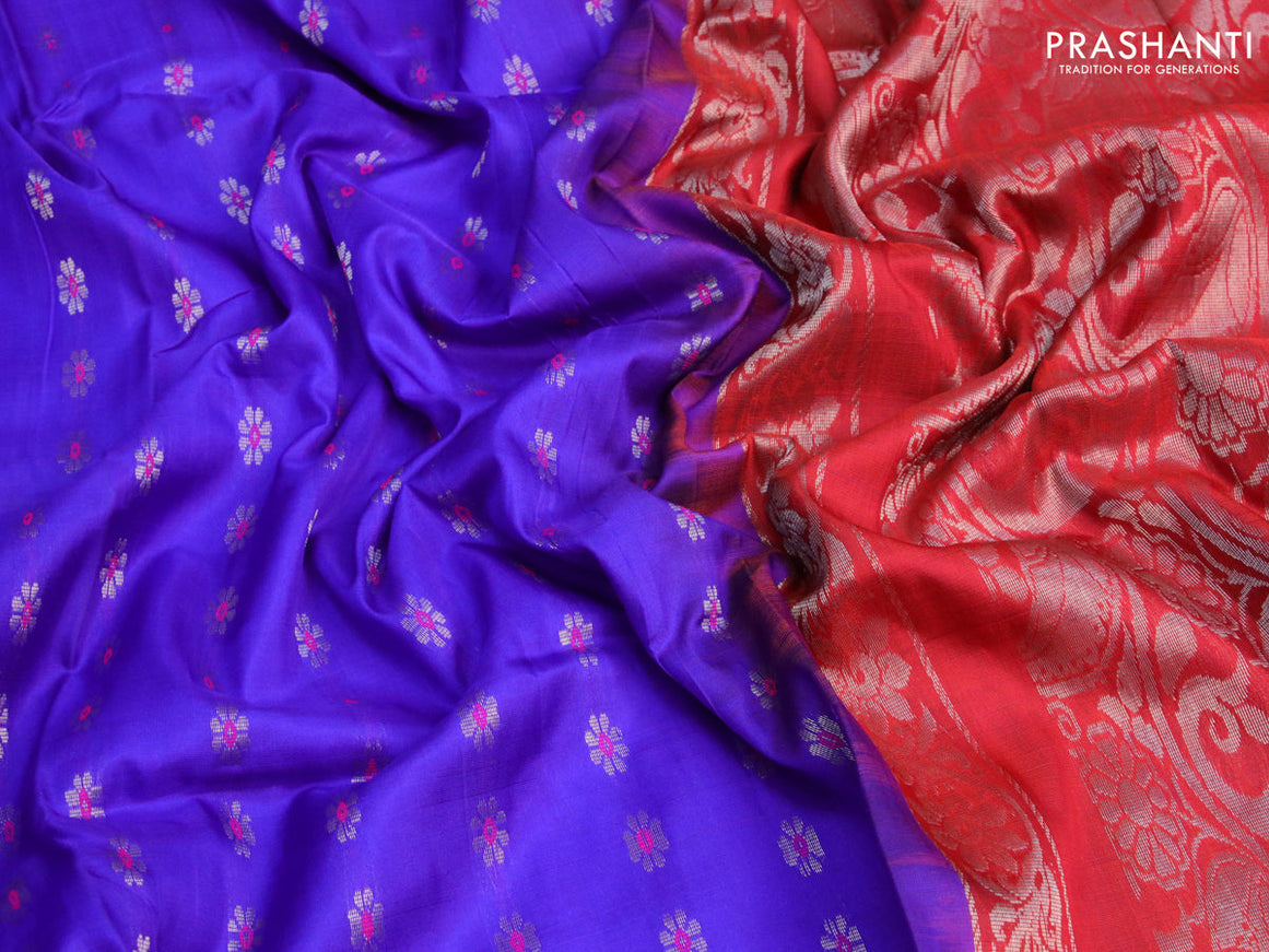 Pure uppada silk saree blue and red with silver zari woven floral buttas and silver zari woven simple border