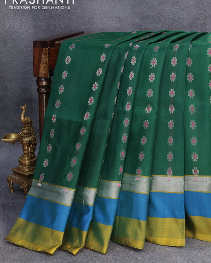 Pure uppada silk saree green and mehendi green with silver zari woven floral buttas and silver zari woven simple border