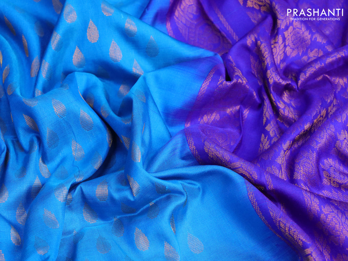 Pure uppada silk saree cs blue and blue with allover zari woven butta weaves and long rich zari woven border
