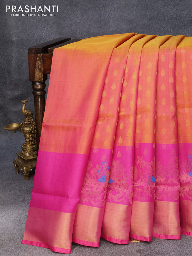 Pure uppada silk saree dual shade of yellowish pink and pink with allover tilak butta weaves and long rich zari woven border