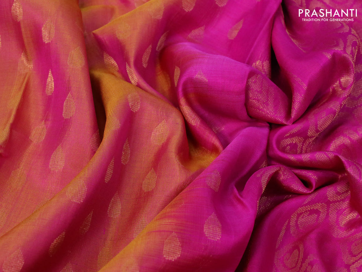 Pure uppada silk saree dual shade of yellowish pink and pink with allover tilak butta weaves and long rich zari woven border