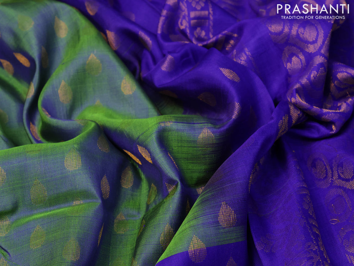 Pure uppada silk saree dual shade of bluish green and blue with allover tilak butta weaves and long rich zari woven border