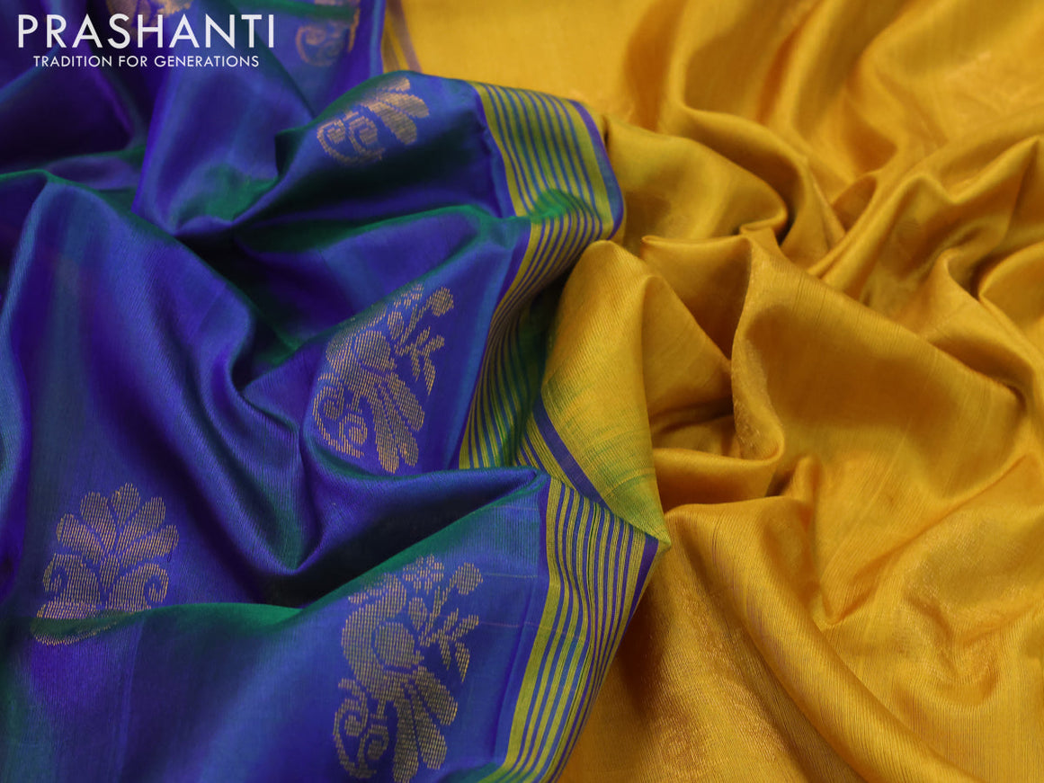 Pure uppada silk saree dual shade of bluish green and mustard yellow with allover zari woven buttas and zari woven border