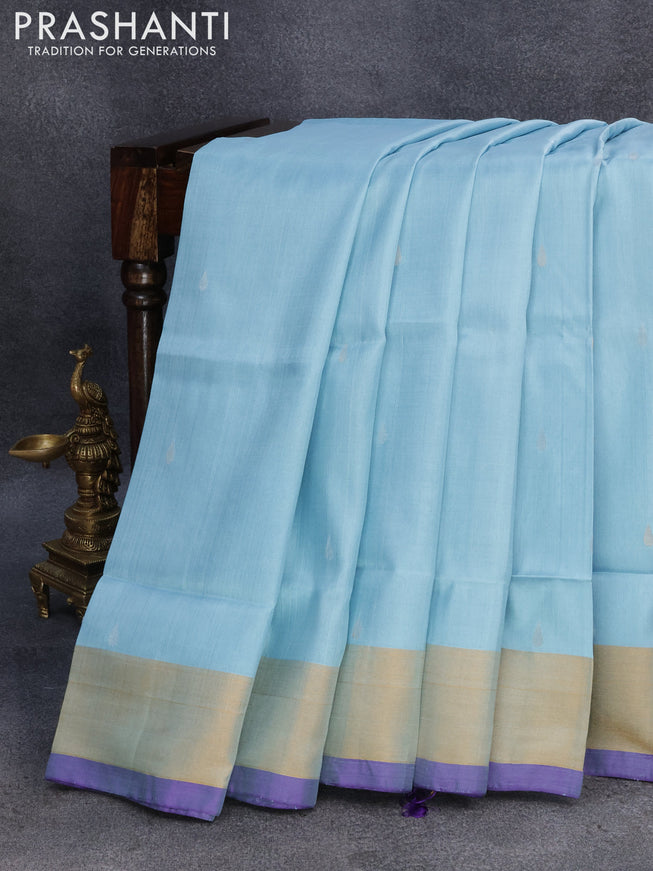 Pure uppada silk saree light blue and dual shade of bluish green with silver zari woven tilak buttas and zari woven border