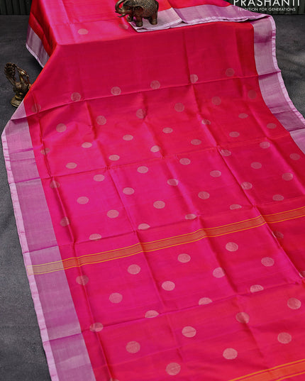 Pure uppada silk saree dual shade of pinkish orange with silver zari woven coin buttas and silver zari woven border