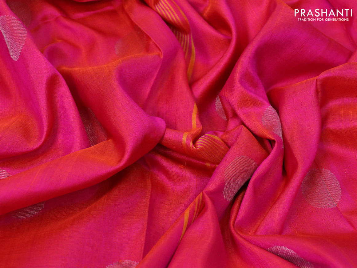 Pure uppada silk saree dual shade of pinkish orange with silver zari woven coin buttas and silver zari woven border