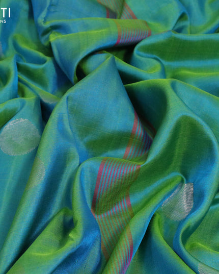 Pure uppada silk saree dual shade of teal green with silver zari woven coin buttas and silver zari woven border