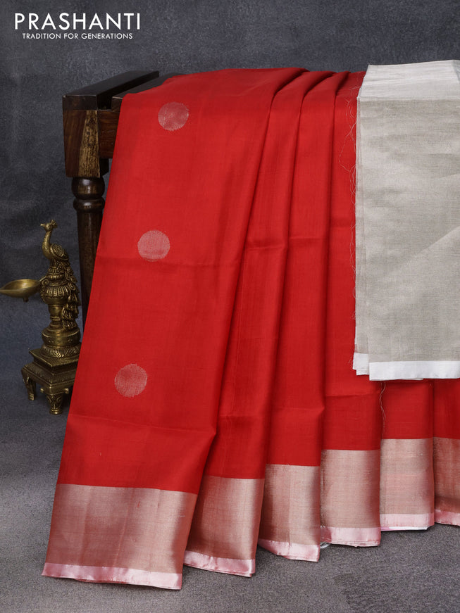 Pure uppada silk saree red with silver zari woven coin buttas and silver zari woven border