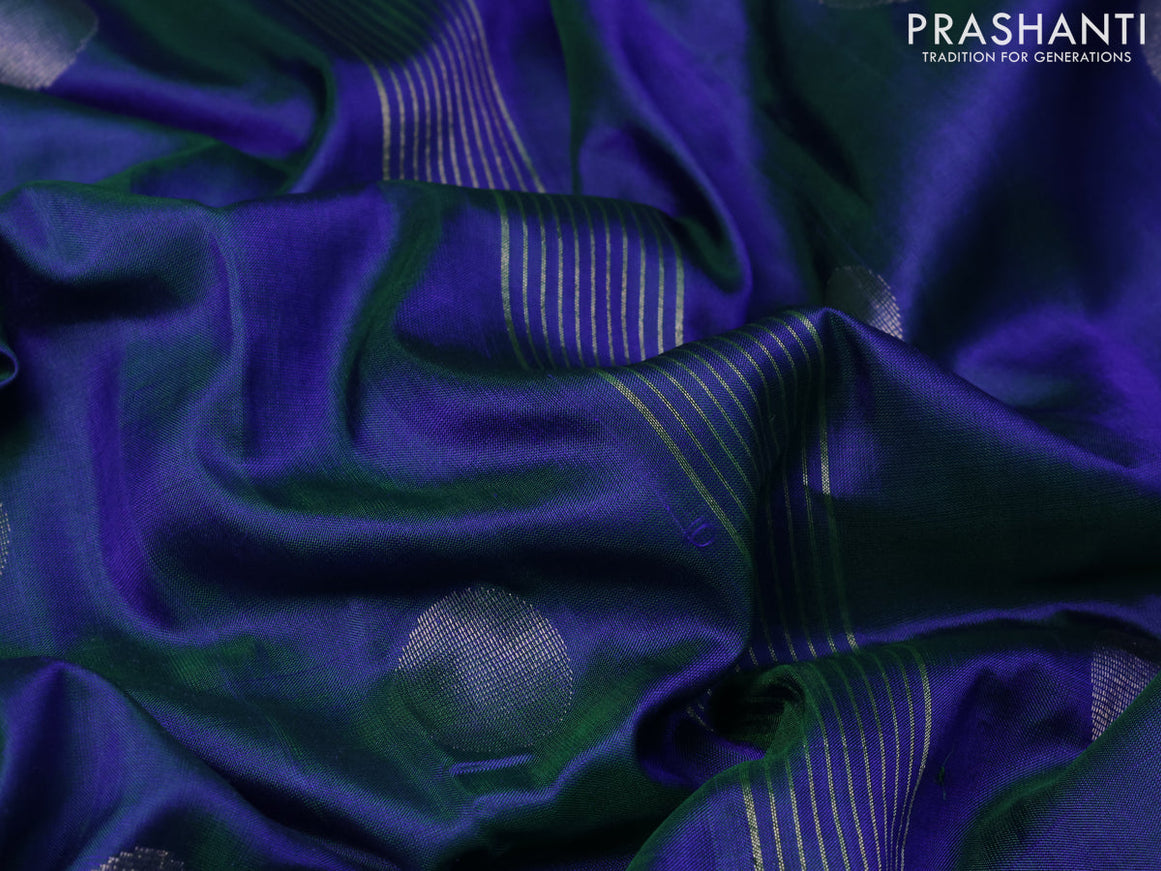 Pure uppada silk saree dual shade of bluish green with silver zari woven coin buttas and silver zari woven border