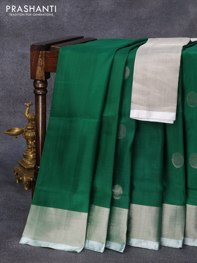 Pure uppada silk saree green with silver zari woven coin buttas and silver zari woven border