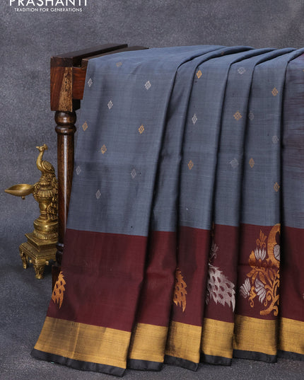 Pure uppada silk saree elephant grey and coffee brown with allover silver & gold zari woven buttas and zari woven border